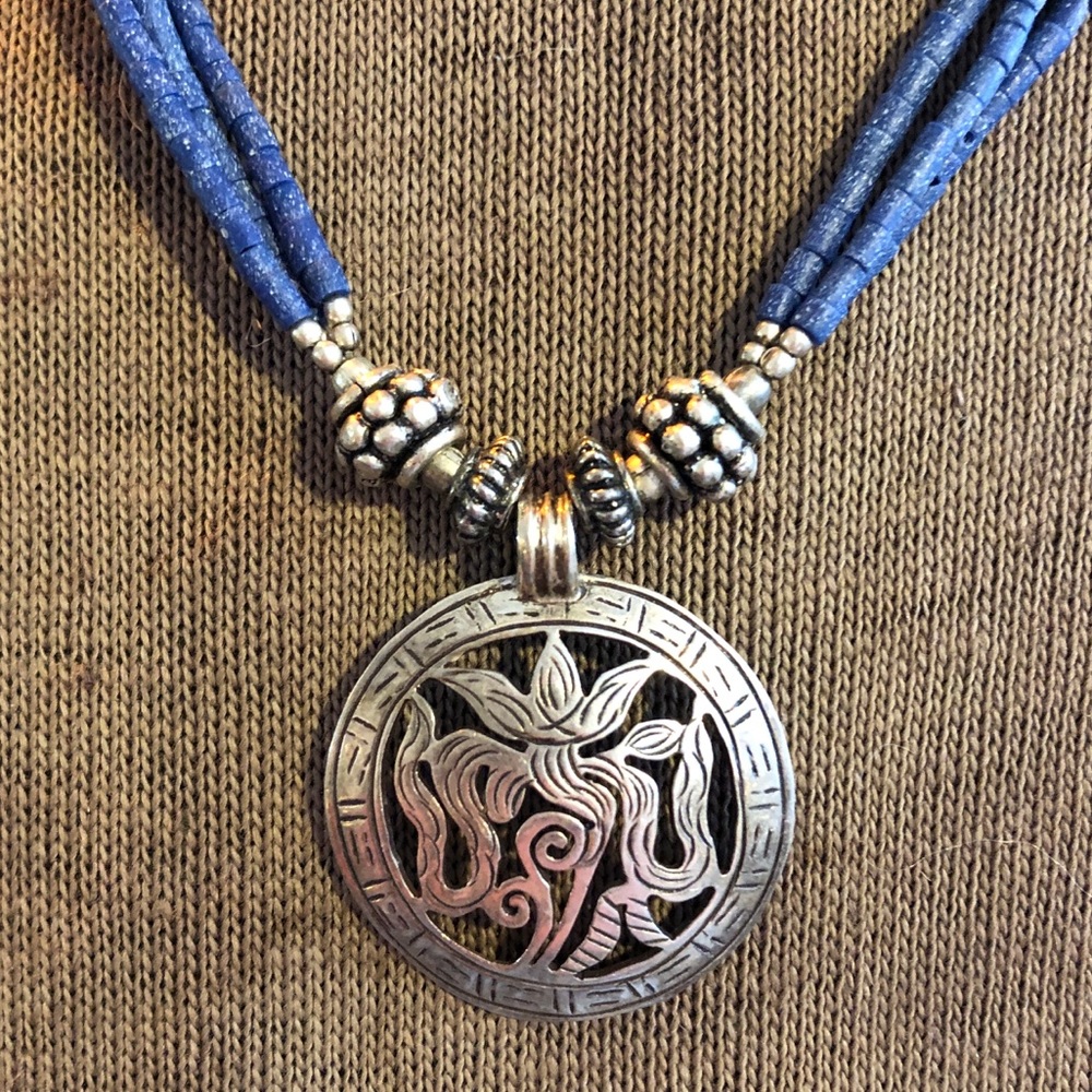 VTG STERLING 925 BLUE BEAD FLORAL PENDANT NECKLACE